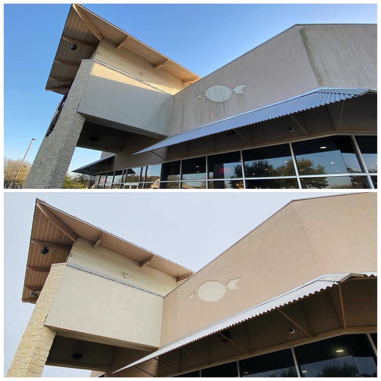 Storefront before and after by Hi-Tech Power Wash in Austin, TX