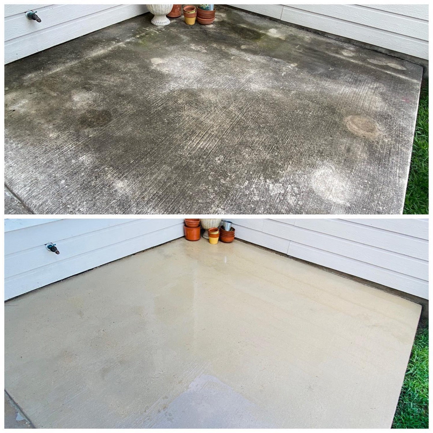 Concrete patio before and after by Hi-Tech Power Wash in Austin, TX