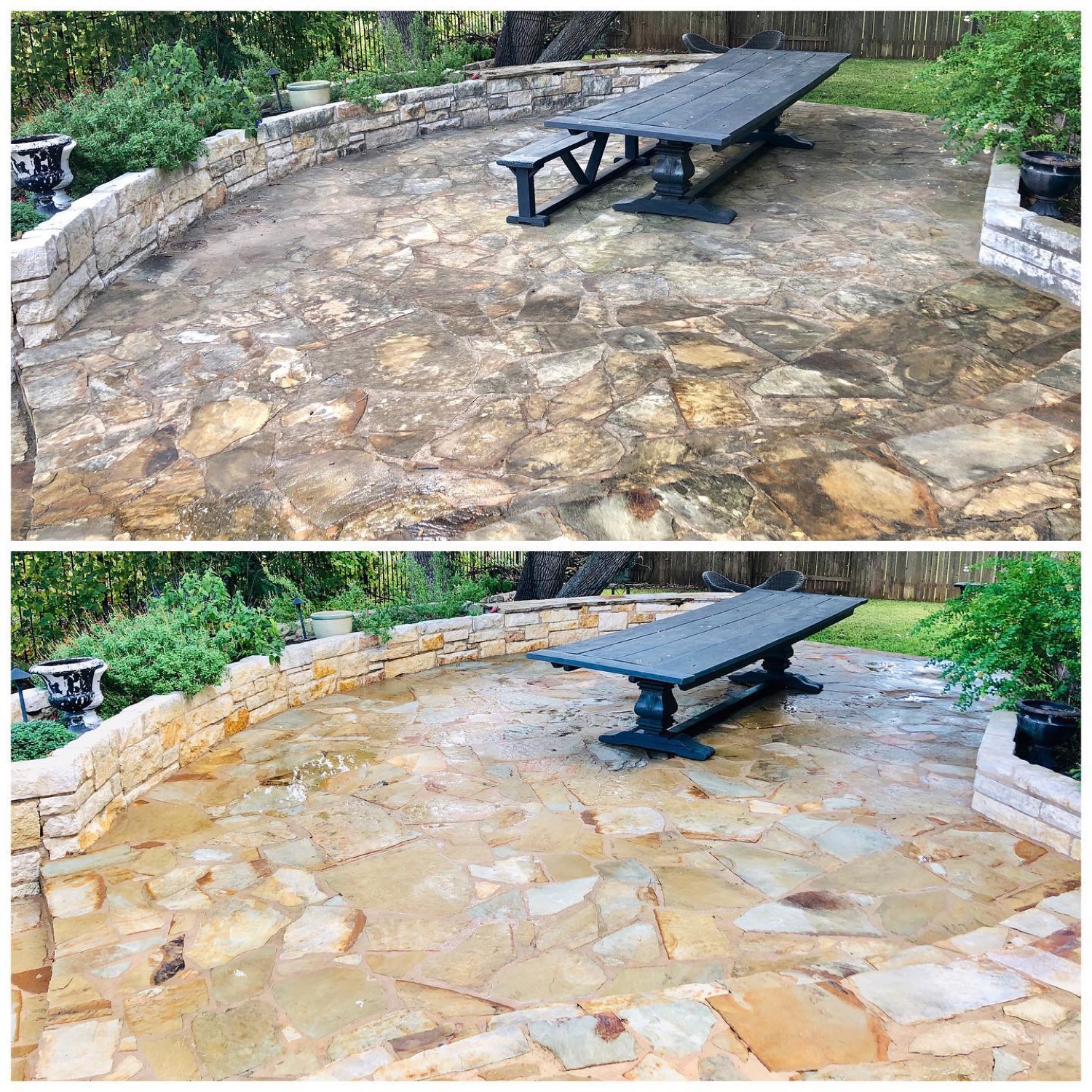 Stone patio before and after by Hi-Tech Power Wash in Austin, TX